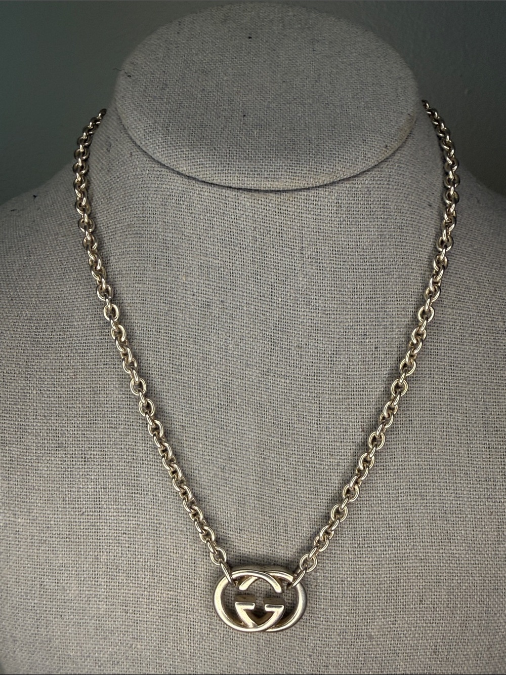 Gucci Interlocking G Necklace 16" 925 Sterling Silver Chain Pendant Italy